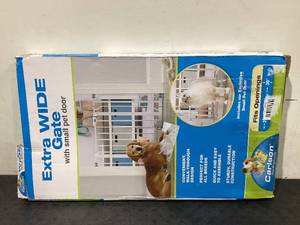 lot 719 image: Carlson Extra Wide Walk Through Pet Gate with Small Pet Door, Includes 4-Inch Extension Kit, Pressure Mount Kit and Wall Mount Kit