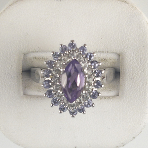 lot 3 image: Ultimate Trading  Tanzanite, Amethyst, & Cz 10K White Gold Cluster Ring. Size 9 - 9.25. Low Reserve