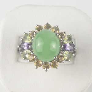 lot 29 image: Green Dyed Cabachon Jade, Amethyst, Peridot, & Citrine Sterling Silver Cluster Ring . Size 10 - 10.25.