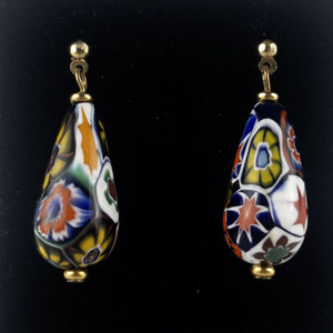 lot 41 image: Murano Millefiori Glass Teardrop Gold Plated Base Metal Dangle Earrings .