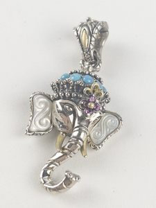 lot 50 image: Barbara Bixby Multi-gemstone elephant sterling and 18K yellow gold enhancer (no chain). Estimated Replacement value $250