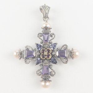 lot 52 image: Barbara Bixby Amethyst, iolite, & pink cultured pearl sterling and 18K yellow gold cross enhancer (no chain). Estimated Replacement value $435