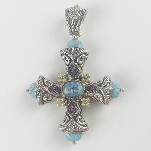 lot 53 image: Barbara Bixby Opal, garnet & turquoise sterling and 18K yellow gold enhancer (no chain). Estimated Replacement value $450