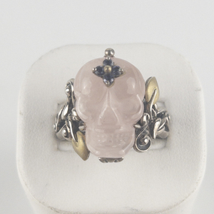 lot 58 image: Barbara Bixby Rose Quartz Doublet Skull Sterling And 18K Yellow Gold Statement Ring Estimated Replacement Value $175. Size 10 - 10.25.