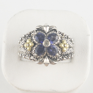 lot 61 image: Barbara Bixby Iolite Flower Sterling And 18K Yellow Gold Statement Ring Estimated Replacement Value $250. Size 10 - 10.25.