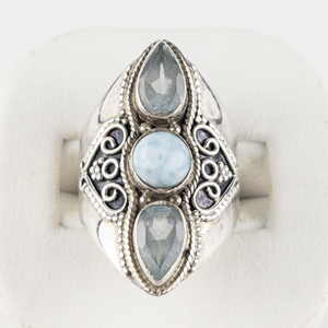lot 66 image: PTI (Nepal) Blue Topaz & Stone Elongated Filigree Sterling Silver Statement Ring . Size 7 - 7.25.
