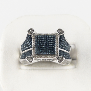 lot 68 image: Blue & White Diamond Pave  Sterling Silver Statement Ring . Size 6 - 6.25.