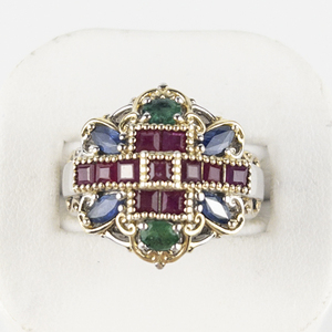 lot 69 image: Nathan Hennick  Ruby, Emerald, & Sapphire (Natural) Two-Tone Sterling Silver Statement Ring . Size 7 - 7.25.