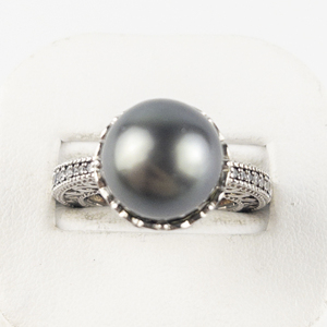 lot 81 image: Tahitian Pearl Open Work With Cz Sterling Silver Statement Ring . Size 7 - 7.25.