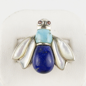 lot 88 image: Chapal-Zenray Lapis, Turquoise, & Moher Of Pearl Bee Sterling Silver Statement Ring . Size 7.75 - 8.