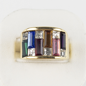 lot 90 image: Multicolor Rhinestone Inlay Gold Tone Base Metal Band. Size 6.5 - 6.75.
