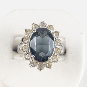 lot 94 image: Blue Stone & White Rhinestone Silver Tone Base Metal Statement Ring . Size 9 - 9.25.