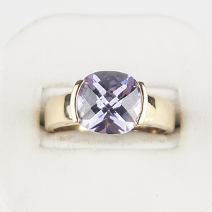 lot 97 image: RS Covenant Oval Checkered Cut Amethyst 18K Gold Electroplate Ring. Size 9 - 9.25.