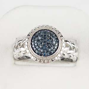 lot 114 image: Affinity  Round Pave Blue Colored Diamond Sterling Silver Statement Ring Estimated Replacement Value $175. Size 10 - 10.25.