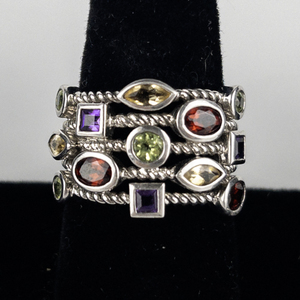 lot 121 image: Five Rope Multi-Gemstone Souldered Sterling Silver Statement Ring . Size 12 - 12.25.