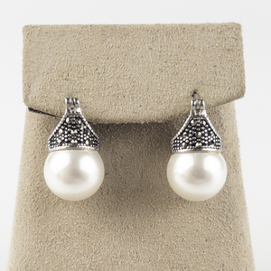 lot 131 image: Marcasite Pearl Sterling Silver Hinged Wire Hoop Earrings.