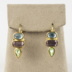 lot 132 image: Premier Designs Blue, Purple, & Green Rhinestone Gold Tone Base Metal Lever Back Pierced Earrings .