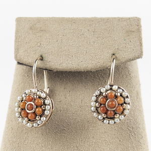 lot 159 image: Orange & White Seed Pearl Flower Vermeil Lever Back Pierced Earrings .