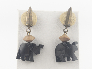 lot 172 image: Carved Wooden Bronze Tone Base Metal Dangle Earrings .
