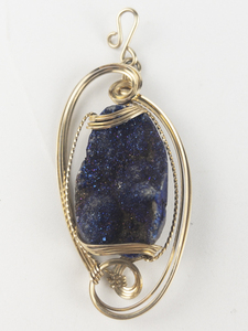 lot 254 image: New Old Stock Handcrafted large wrapped blue drusy gold filled wire pendant (no chain).