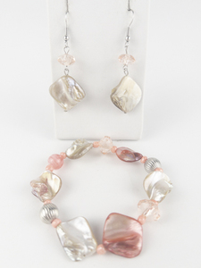 lot 300 image: Set of two  Mother Of Pearl & Pink Stetch Bead Bracelet & French Wire Earrings.