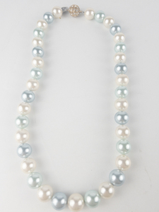 lot 325 image: New Old Stock Blue & White Gold Tone Base Metal Shell Bead Necklace. Replacement Value $135