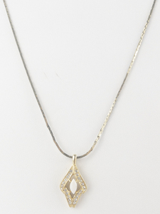 lot 349 image: Mother Of Pearl & Rhinestone Accented Gold Tone Base Metal Pendant Necklace .
