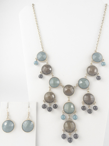 lot 390 image: Set of two  Blue & Brown Acrylic Jewel Gold Tone Base Metal Bib Necklace & French Fire Earrings.