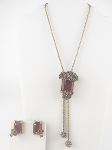 lot 393 image: Set of two  Art Deco Red Rhinestone & Glass Gold Tone Base Metal Necklace & Clip-On Earrings.