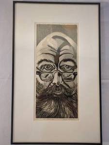 lot 10 image: Framed George Robinson The Shining Self Woodcut Print 13x21