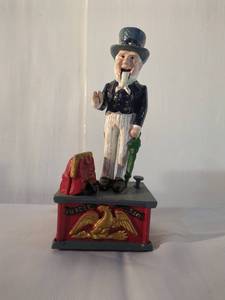 lot 11 image: Vintage Uncle Sam Cast Iron Mechanical Bank 10.5 Tall Collectible Americana