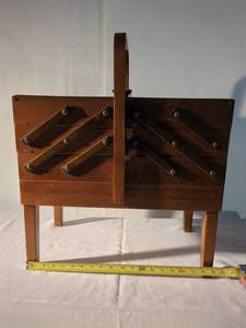 lot 25 image: Vintage Wooden Expanding Accordion Sewing Box with Contents