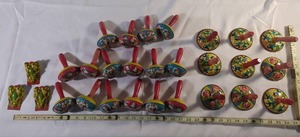 lot 42 image: 25 Vintage Tin Litho Handheld Noisemaker Set - Whimsical Collectible Toys