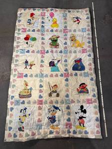 lot 49 image: Vintage Cartoon Characters Baby Quilt Patchwork Embroidered Blanket Nostalgia