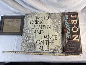 lot 53 image: Decorative Wall Art Sign Set Laundry, Champagne, Iron - Vintage Style Decor