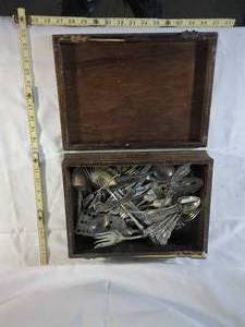 lot 61 image: Vintage Wooden Box with Antique Silverware Collection Including Spoons & Forks