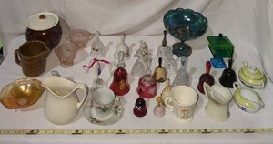 lot 135 image: Vintage Glassware and Ceramic Collection Carnival Dish Bells Cups Pitchers Vases