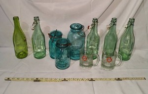 lot 144 image: Vintage Glassware Collection with Ball Mason Jars, Swing-Top Bottles, A&W Root Beer Mugs