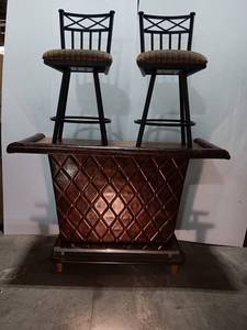lot 70 image: Brown Upholstered Diamond Pattern Home Bar Set and 2 Bar Stools