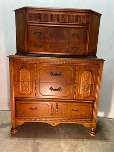 lot 77 image: Vintage Wooden Dresser Chest with Intricate Carvings and Ornate Hardware - 53 tall