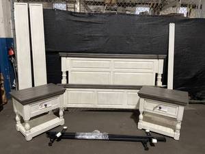lot 93 image: Rustic White Bedroom Set with King size headboard and Nightstands