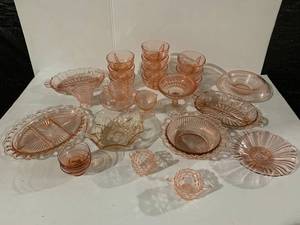 lot 98 image: Vintage Pink Depression Glass Set Fostoria and Others Assorted Plates Bowls Cups and Serving Dishes