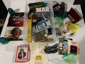 lot 163 image: Vintage Memorabilia Lot Poster, Pocket Watch, Pen Set, License Plate