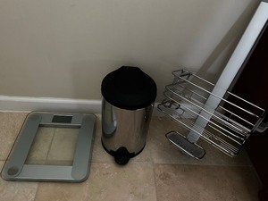 lot 17 image: Bathroom Bundle with Bathroom Accessories, EatSmart Precision Digital Scale, Wastebasket and Shower Caddy
