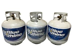 3 Blue Rhino Propane Tanks - 2 are empty, 1 has some fuel