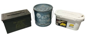 Vintage Frabills Blue Waters Minnow Bucket, Ammo Box, and Plano Live Well System