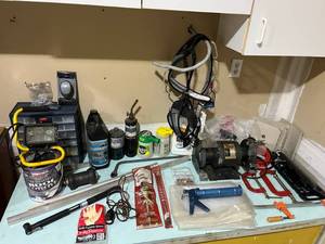 Garage Work Bench Table Top Contents including Buffalo 6-inch Bench Grinder in good working condition