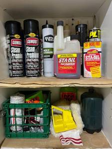 Garage Cabinet Contents - Penzoil Gumout, STA-BIL, and More