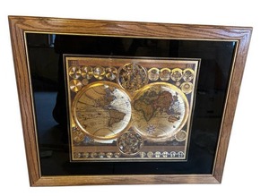 Wonderful Vintage Oak Framed Planispharium Terrestre Gold Foil World Map (26 x 31.5 Frame) - Located in Basement
