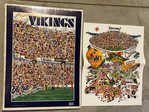 Vintage 1990 Minnesota Vikings John Holiday Print (19 x 25) & 1982 Iowa Hawkeyes Rose Bowl Poster - Located in Basement
